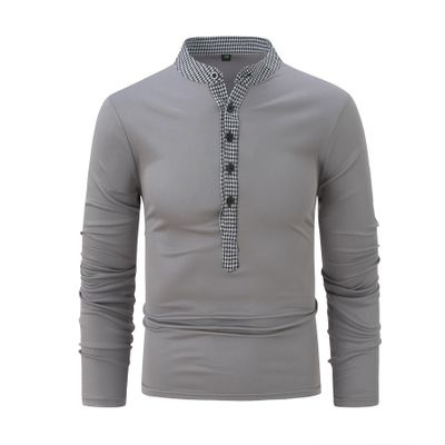 LUORUAN Men's Casual Long Sleeve Shirt Classic Plaid Button Tees Summer Beach T-Shirts Band Collar Vacation Tops Dark Gray