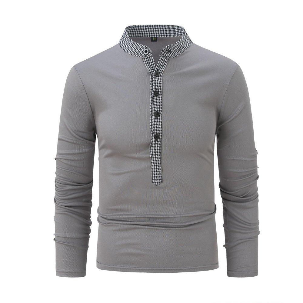 LUORUAN Men's Casual Long Sleeve Shirt Classic Plaid Button Tees Summer Beach T-Shirts Band Collar Vacation Tops Dark Gray