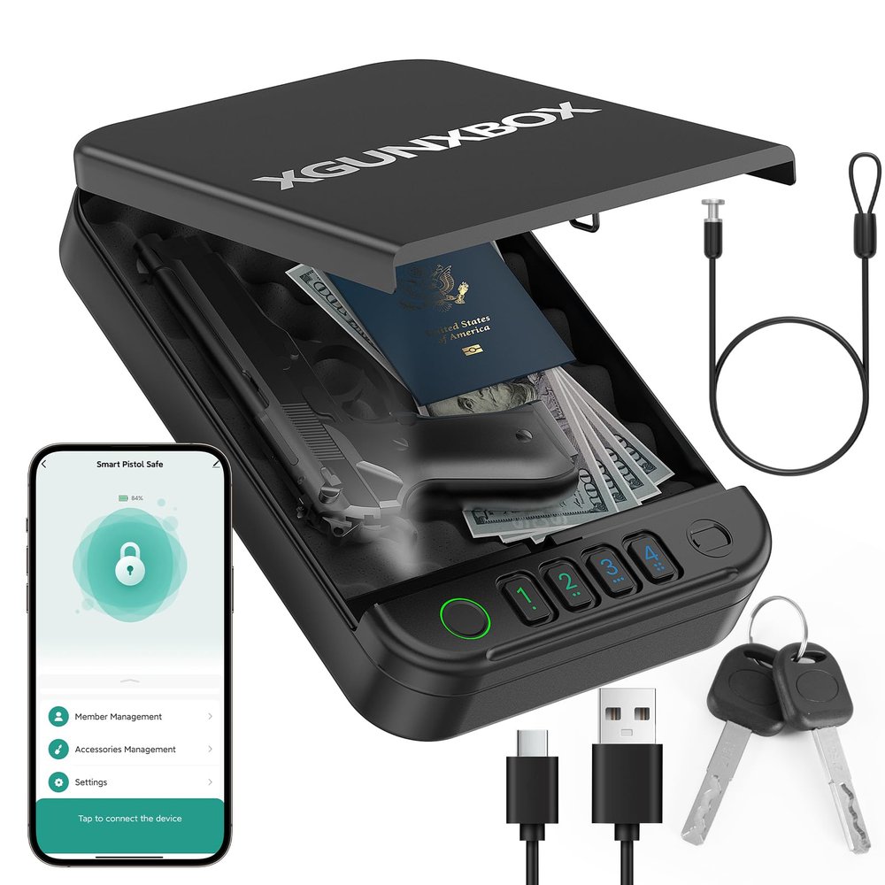 Portable Biometric Gun Locks Box, Upgrade APP Control Car Gun Lock box, Small Pistol Safe Travel Case, Gun Safes for Handgun, Quick Access Gun Box for Single Pistol