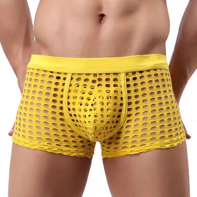 Yuecarcar Mens Sexy Boxer Briefs Breathable Hot Mesh Underwear Men's Sexy Underwear Soft Stretch Trunks Comfort (US, Alpha, X-Large, Regular, Short, Yellow)