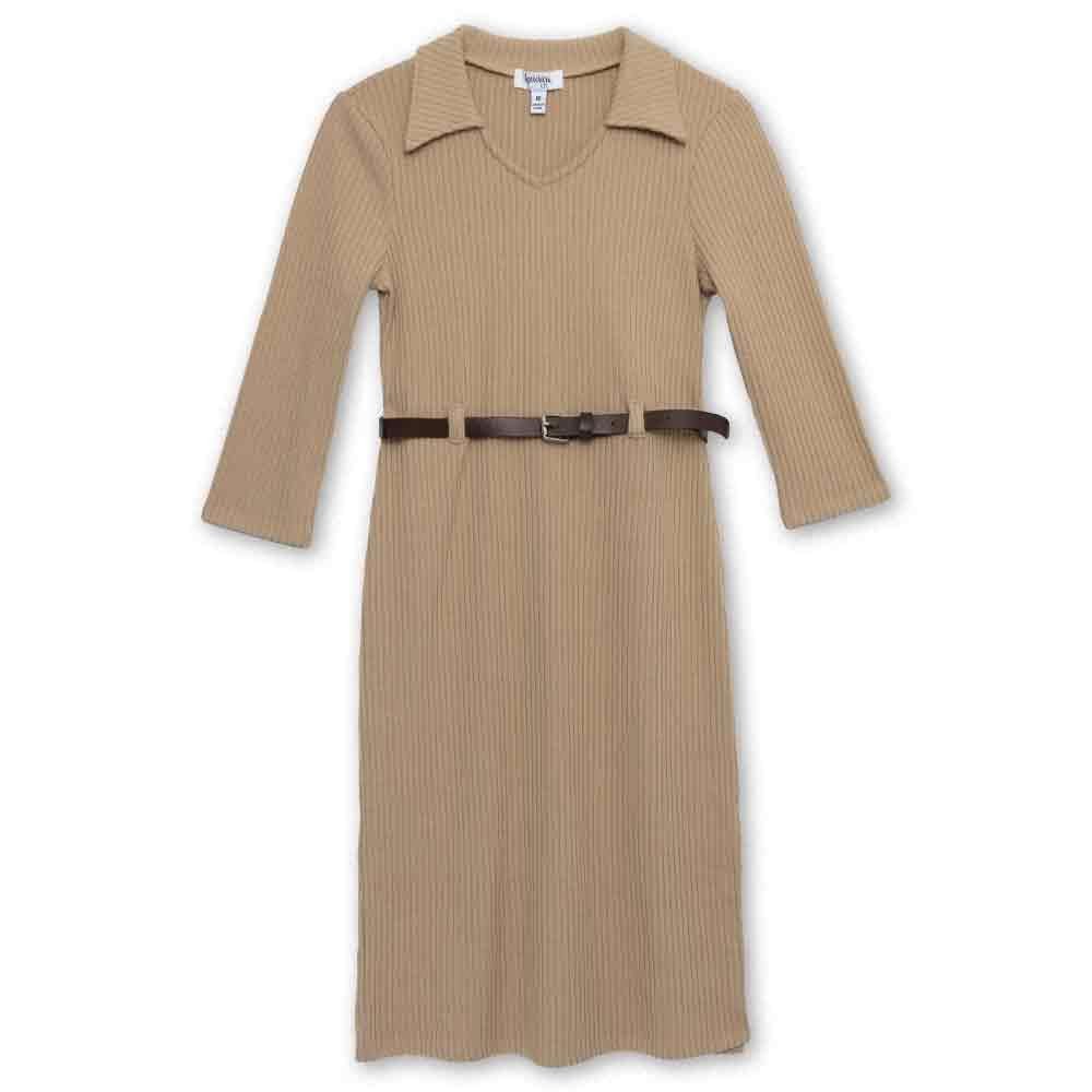 Speechless Girl's 3/4 Sleeve Chunky Sweater Knit Midi Dress, Khaki, 8