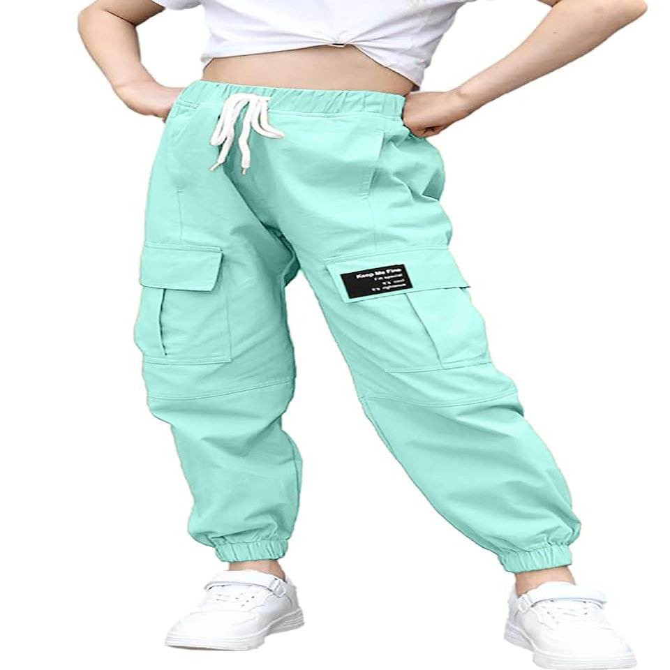 BINPAW Girls Cargo Pants Drawstring Elastic Waist Loose Tapered Jogger Pants with Pockets, Lake Blue, 13-14 Years = Tag 170
