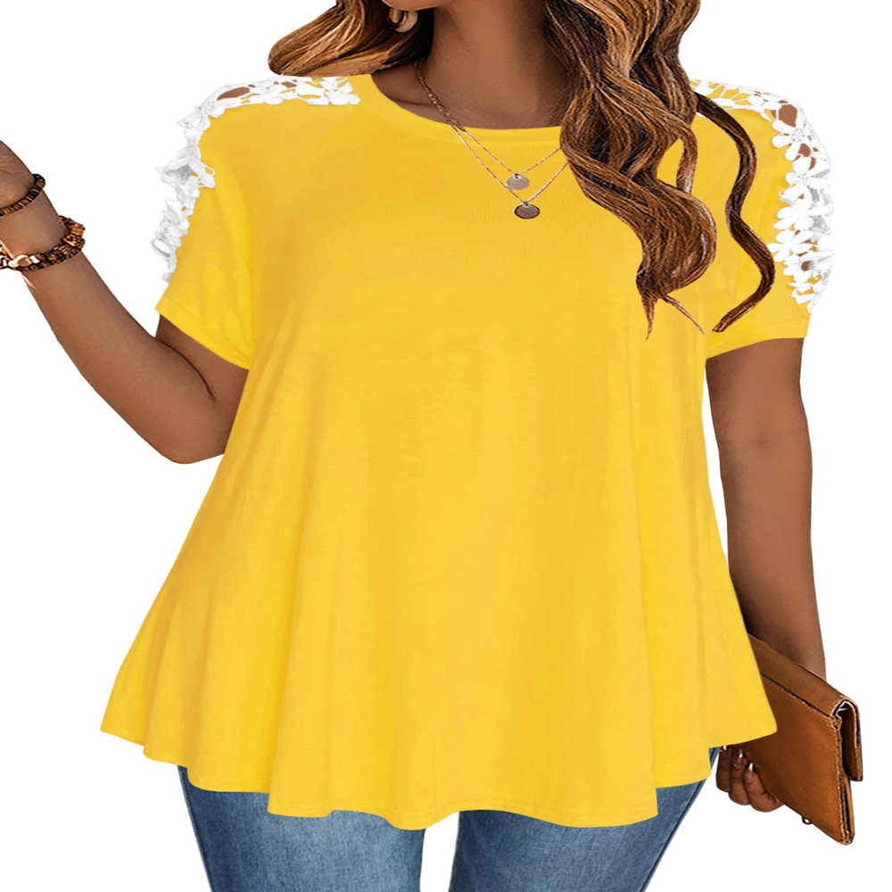 Afibi Womens Short Sleeve Cold Shoulder Summer Basic Tee Tops Shirts (XX-Large, Yellow)