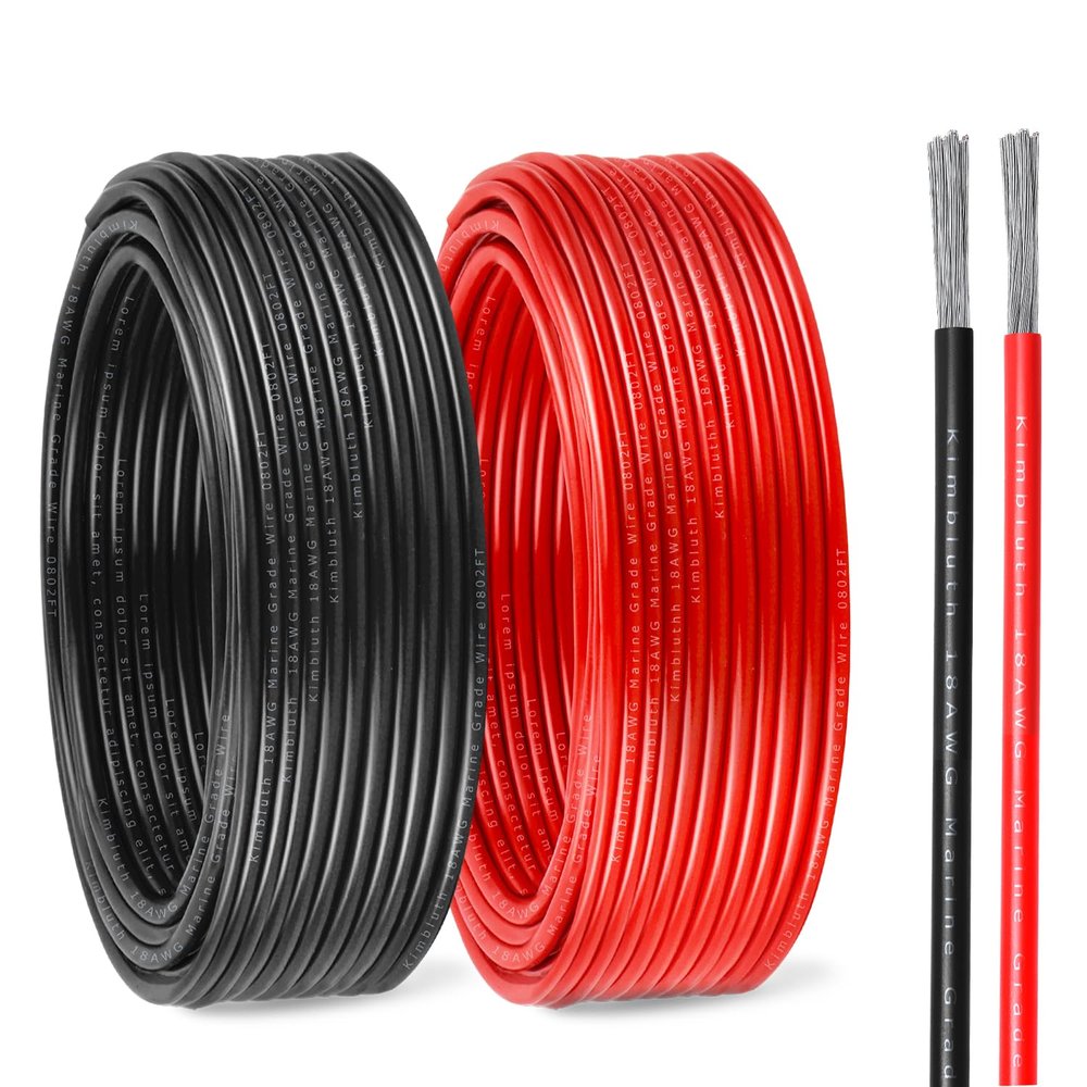 18 Gauge Marine Wire Tinned Copper Boat Cable, Standard USA OFC Oxygen Free Copper Wire for Automotive Boat Speakers Solar Outdoors (18 Gauge 50FT Red + 50FT Black)