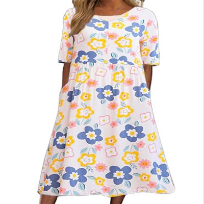 Boho Floral Flowy Maxi Dress for Womens Casual Loose 2024 Summer Short Sleeve Beach Vacation Long Dresses with Pockets