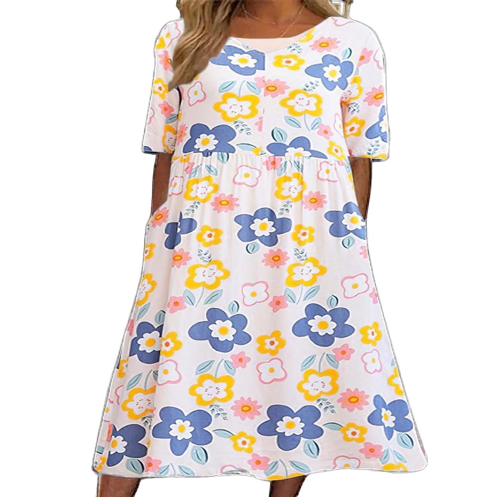 Boho Floral Flowy Maxi Dress for Womens Casual Loose 2024 Summer Short Sleeve Beach Vacation Long Dresses with Pockets