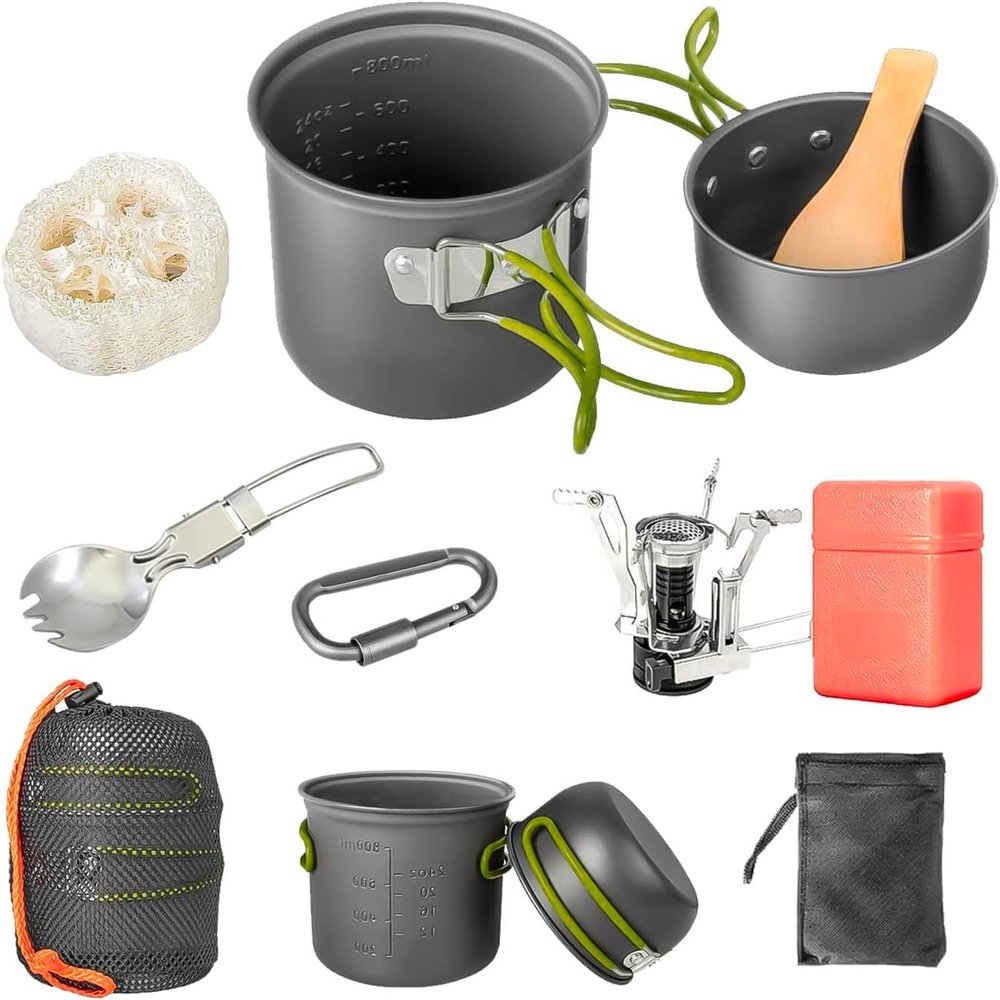 9pcs Camping Cookware Kit, Portable Camping with Non-Stick Pots, Pans Set and Folding Fork, Lightweight Backpacking cookware Cooking Set for Backpacking, Outdoor Camping