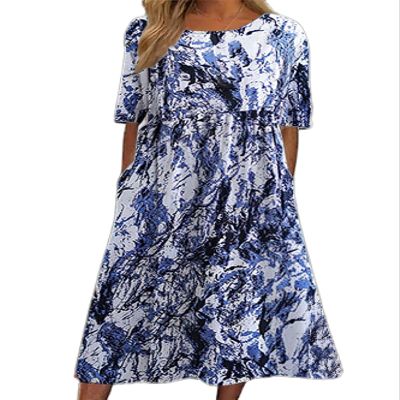 Women's Boho Floral Maxi Dress 2024 Summer Short Sleeve Long Dress Casual Loose A Line Elastic Pleated Dress with Pockets
