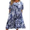 Women's Boho Floral Maxi Dress 2024 Summer Short Sleeve Long Dress Casual Loose A Line Elastic Pleated Dress with Pockets view 1