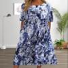 Women's Boho Floral Maxi Dress 2024 Summer Short Sleeve Long Dress Casual Loose A Line Elastic Pleated Dress with Pockets view 3