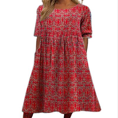 Boho Floral Flowy Maxi Dress for Womens Casual Loose 2024 Summer Short Sleeve Beach Vacation Long Dresses with Pockets A Red