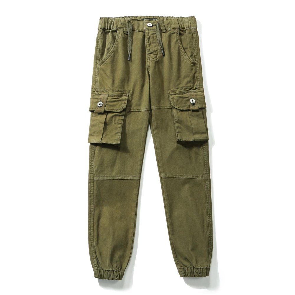LANZIYAYA Boys Cargo Pants with Pockets Casual Trousers Elastic Waistband Elastic Leg Opening Sizes 6-14 Years Khaki (US, Age, 12 Years, Army Green)