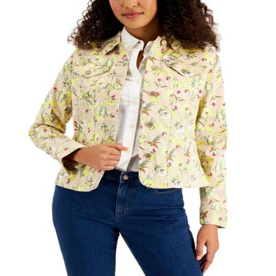 Charter CIub Lush Garden Printed Denim Jacket Pebble XS, Beige