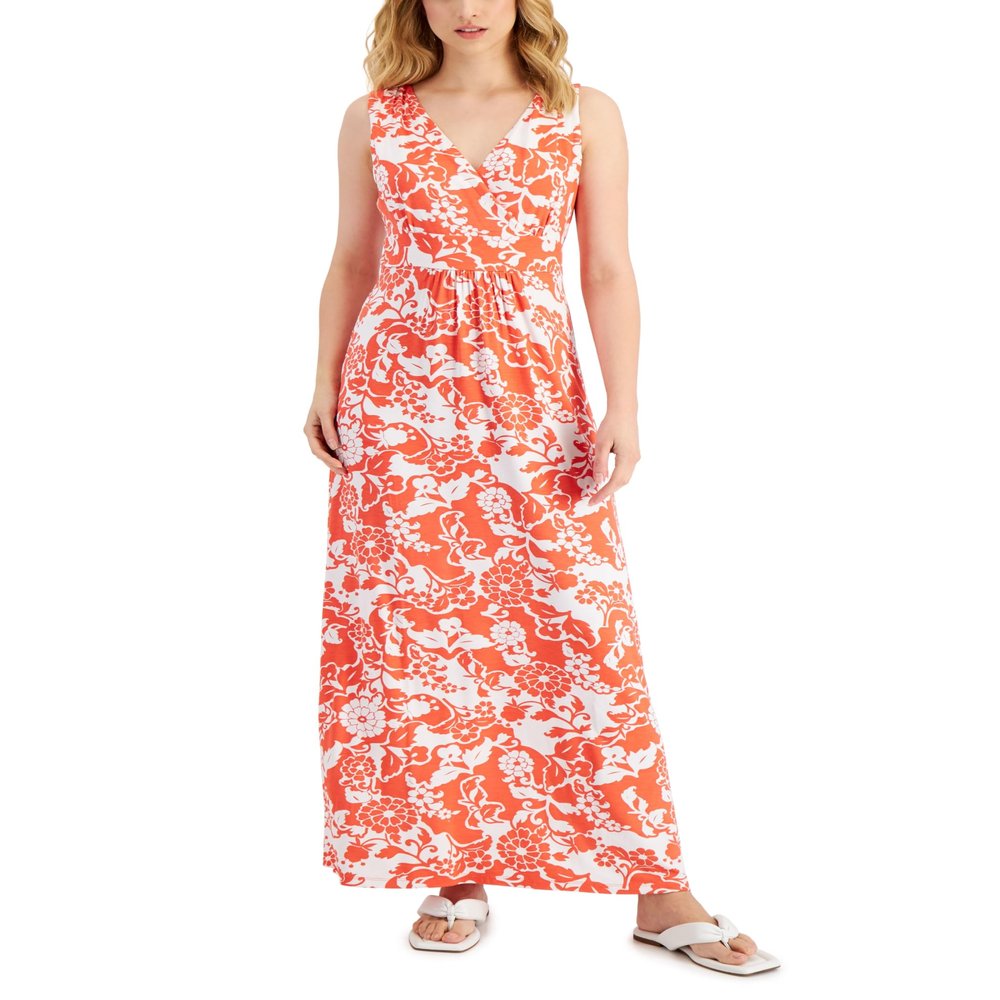 Charter CIub Womens Sleeveless Cross-Front Maxi Dress Hot Coral Combo XS