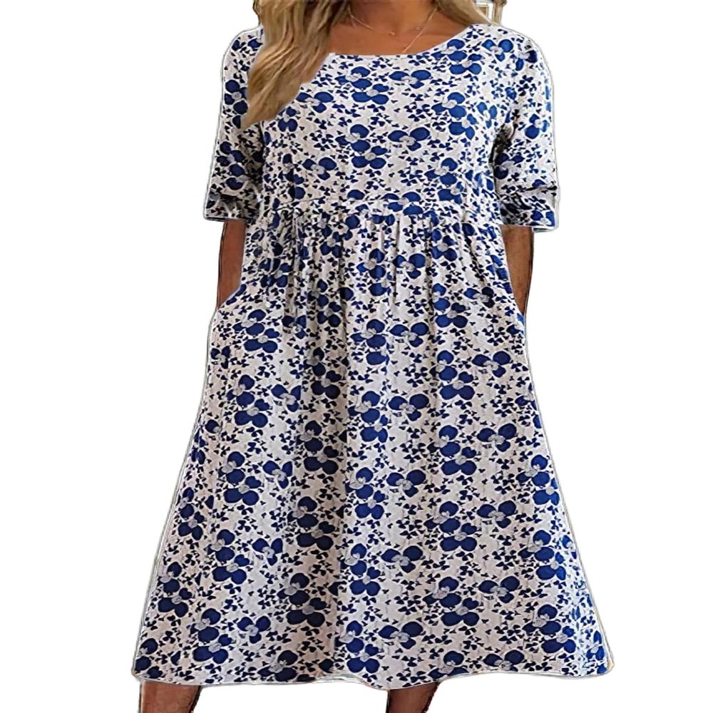 Boho Floral Flowy Maxi Dress for Womens Casual Loose 2024 Summer Short Sleeve Beach Vacation Long Dresses with Pockets A Royal Blue