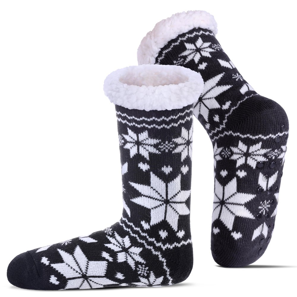 DOSKONI Slipper Socks for Women Fuzzy Non Slip Winter Thick Warm Soft Cozy Fleece Lining Home Socks with Grippers Snowflake Black