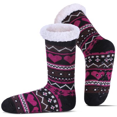 DOSKONI Slipper Socks for Women Fuzzy Non Slip Winter Thick Warm Soft Cozy Fleece Lining Home Socks with Grippers Heart Rose Pink Black