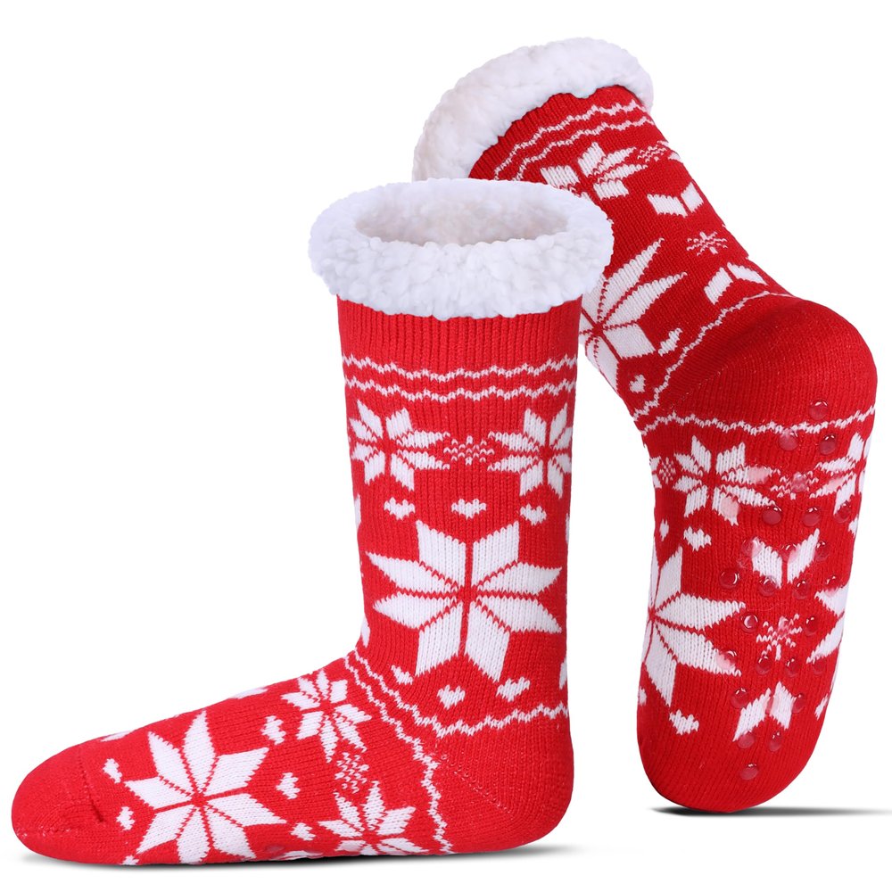 DOSKONI Slipper Socks for Women Fuzzy Non Slip Winter Thick Warm Soft Cozy Fleece Lining Home Socks with Grippers Snowflake Red 