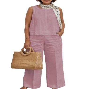Women's Solid Color Linen Casual Suit 2 Piece Summer Loose Linen Sets Sleeveless Tops Wide Leg Pants Suits
