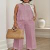 Women's Solid Color Linen Casual Suit 2 Piece Summer Loose Linen Sets Sleeveless Tops Wide Leg Pants Suits view 2
