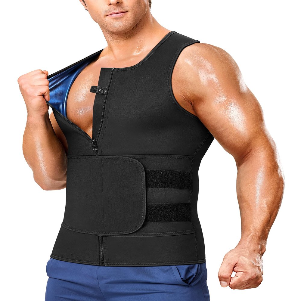 Junlan Sauna Suit for Men 2 in 1 Waist Trainer Sauna Shirt for Men Sweat Band for Stomach(Blue,Medium)