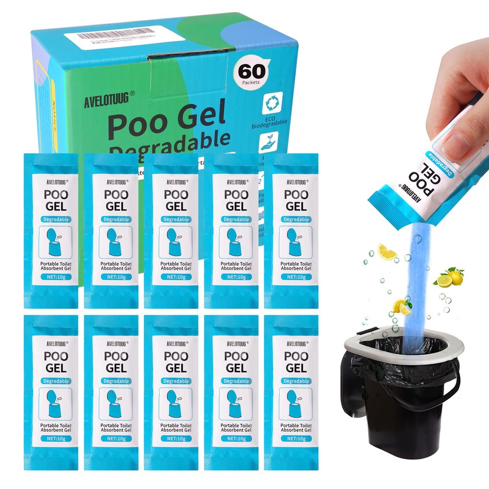 Portable Toilet Absorbent Gel Powder, 60 Pack Poo Gel for Camping Toilet Solid Waste and Urine, Eco Gel for Outdoor Recreation Hiking Fast-Acting Gel Deodorizing Treatment
