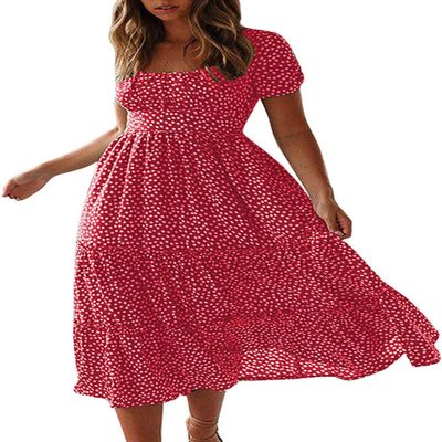 Women's Red Polk Dot Maxi Dress Casual Short Sleeve Square Neck Smocked Tiered Boho Party Dress Flowy Floral Long Summer Dresses for Women 2024, Red, Large