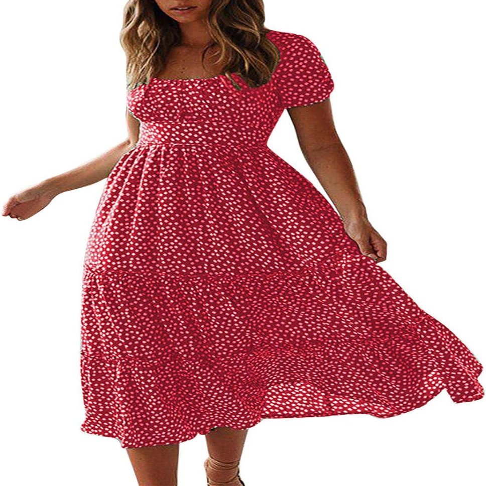 Women's Red Polk Dot Maxi Dress Casual Short Sleeve Square Neck Smocked Tiered Boho Party Dress Flowy Floral Long Summer Dresses for Women 2024, Red, Large