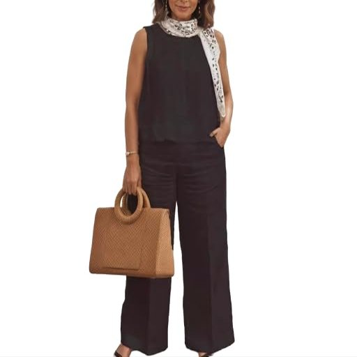 Women's Solid Color Linen Casual Suit 2 Piece Summer Loose Linen Sets Sleeveless Tops Wide Leg Pants Suits