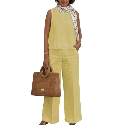 Women's Solid Color Linen Casual Suit 2 Piece Summer Loose Linen Sets Sleeveless Tops Wide Leg Pants Suits
