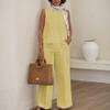 Women's Solid Color Linen Casual Suit 2 Piece Summer Loose Linen Sets Sleeveless Tops Wide Leg Pants Suits view 2