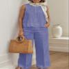 Women's Solid Color Linen Casual Suit 2 Piece Summer Loose Linen Sets Sleeveless Tops Wide Leg Pants Suits view 2