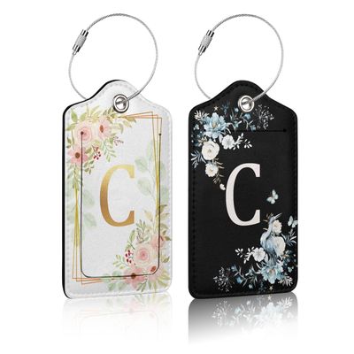 2 Pcs Floral Letter C Luggage Tags,Privacy Cover ID Label with Stainless Steel Loop and Address Card for Travel Bag Suitcase