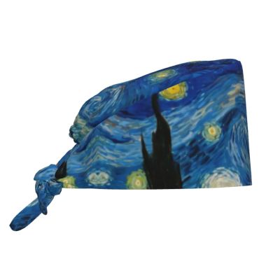The Starry Night Working Cap Scrub Cap with Sweatband,Adjustable Fashion Elastic Bandage Tie Back Hat Headwear Printed for Women Men
