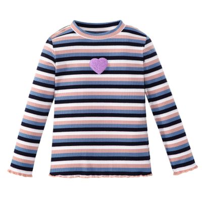 OPAWO Girls Long Sleeve Shirts Ribbed Knit Lettuce Trim Tee Shirt Tops, Little Girl Striped Blouse Undershirts Size 3-7 Years, Black,White,Pink,Blue, 5T