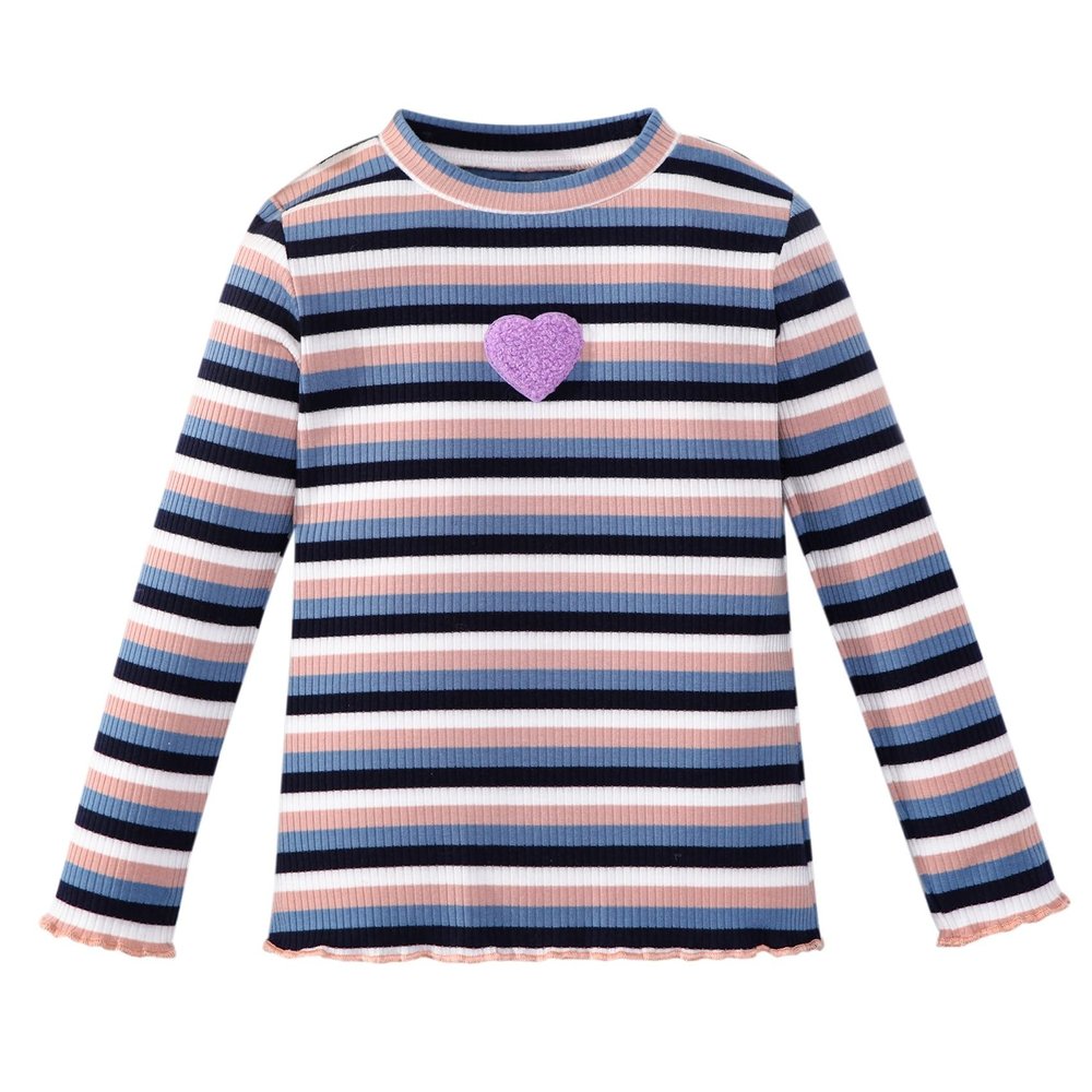 OPAWO Girls Long Sleeve Shirts Ribbed Knit Lettuce Trim Tee Shirt Tops, Little Girl Striped Blouse Undershirts Size 3-7 Years, Black,White,Pink,Blue, 5T
