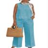 Women's Solid Color Linen Casual Suit 2 Piece Summer Loose Linen Sets Sleeveless Tops Wide Leg Pants Suits view 1