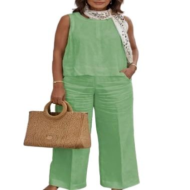 Women's Solid Color Linen Casual Suit 2 Piece Summer Loose Linen Sets Sleeveless Tops Wide Leg Pants Suits