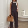 Women's Solid Color Linen Casual Suit 2 Piece Summer Loose Linen Sets Sleeveless Tops Wide Leg Pants Suits view 2