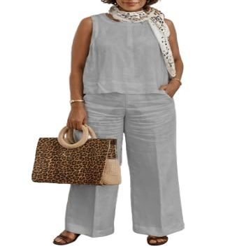 Women's Solid Color Linen Casual Suit 2 Piece Summer Loose Linen Sets Sleeveless Tops Wide Leg Pants Suits