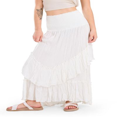 CHARTOU Women Boho Maxi Convertible Skirt Wide Smocked Elastic Waist Asymmetric Ruffle Strapless Dress (X-Large,White)