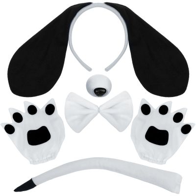 Coopay 5 Pieces Puppy Dog Costume Set Dog Ears Headband Nose Tail Bow Tie Paw Gloves Animal Costume for Carnival Halloween Cosplay Accessories (Black&White)