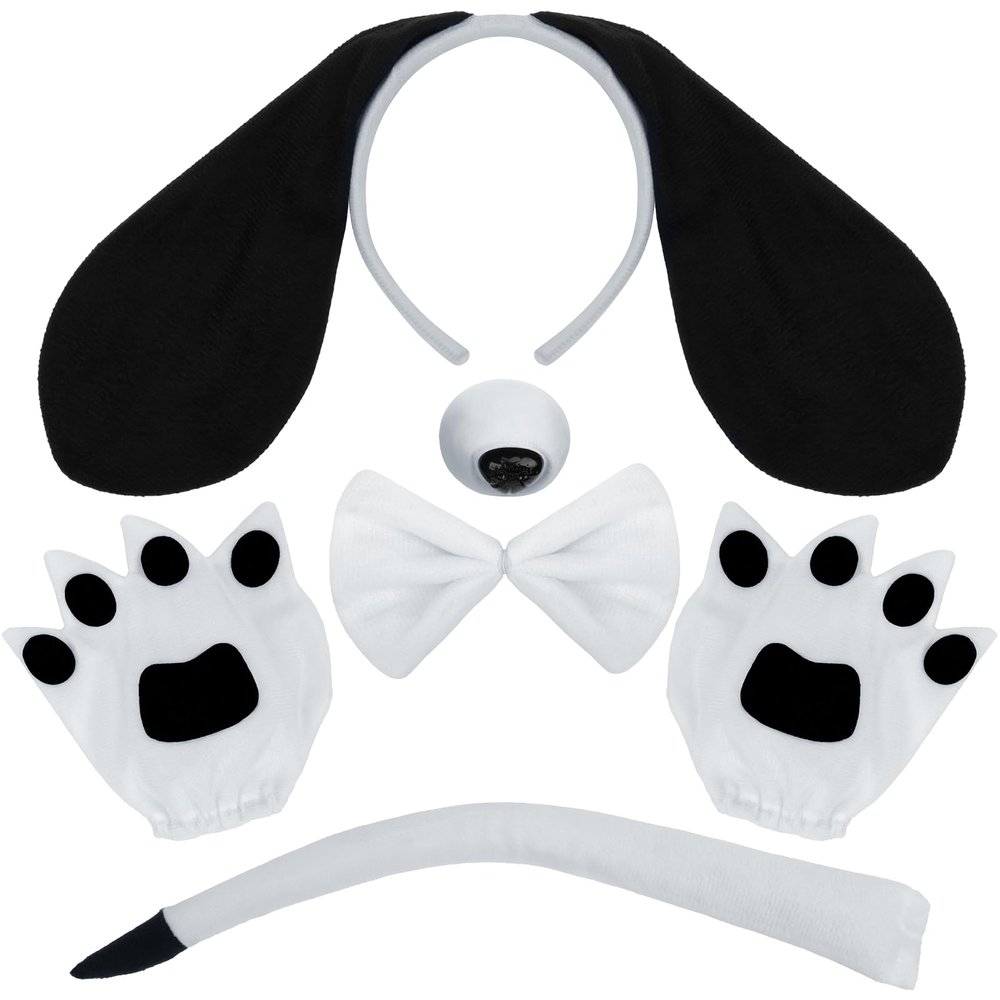 Coopay 5 Pieces Puppy Dog Costume Set Dog Ears Headband Nose Tail Bow Tie Paw Gloves Animal Costume for Carnival Halloween Cosplay Accessories (Black&White)