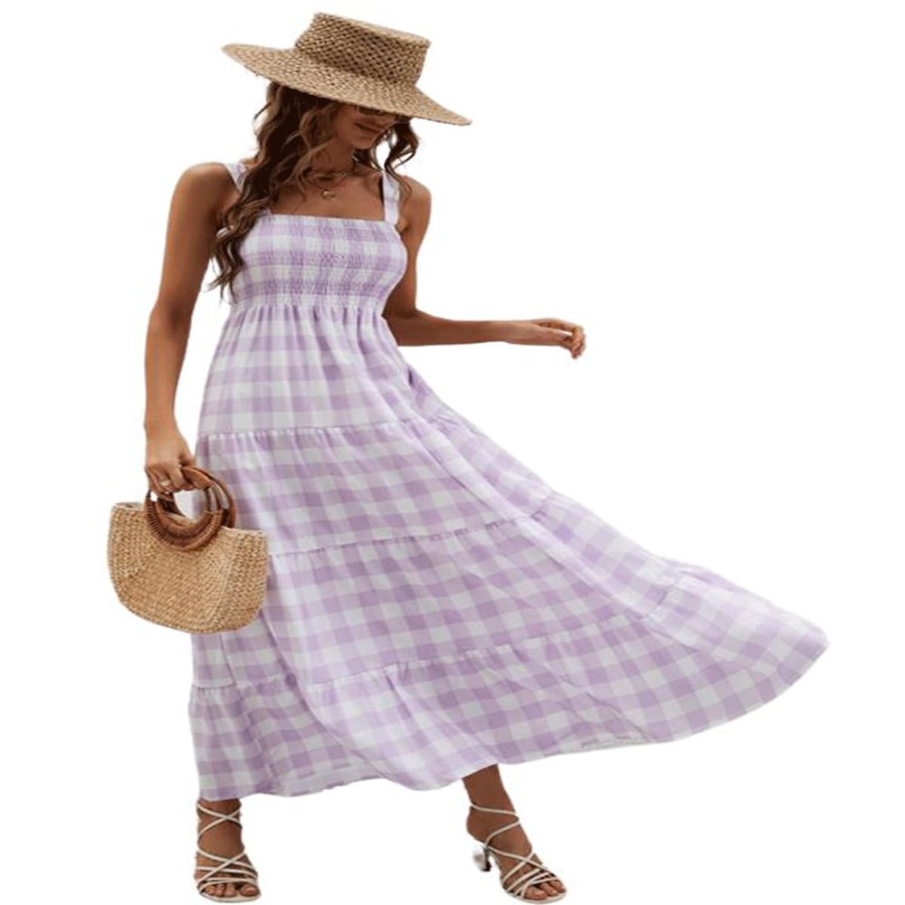 utcoco Women's Summer Plaid Smocked Sun Dress Sleeveless Square Neck A Line Tiered Ruffle Long Maxi Dress (Small, Light Purple)