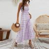 utcoco Women's Summer Plaid Smocked Sun Dress Sleeveless Square Neck A Line Tiered Ruffle Long Maxi Dress (Small, Light Purple) view 2