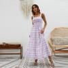 utcoco Women's Summer Plaid Smocked Sun Dress Sleeveless Square Neck A Line Tiered Ruffle Long Maxi Dress (Small, Light Purple) view 3