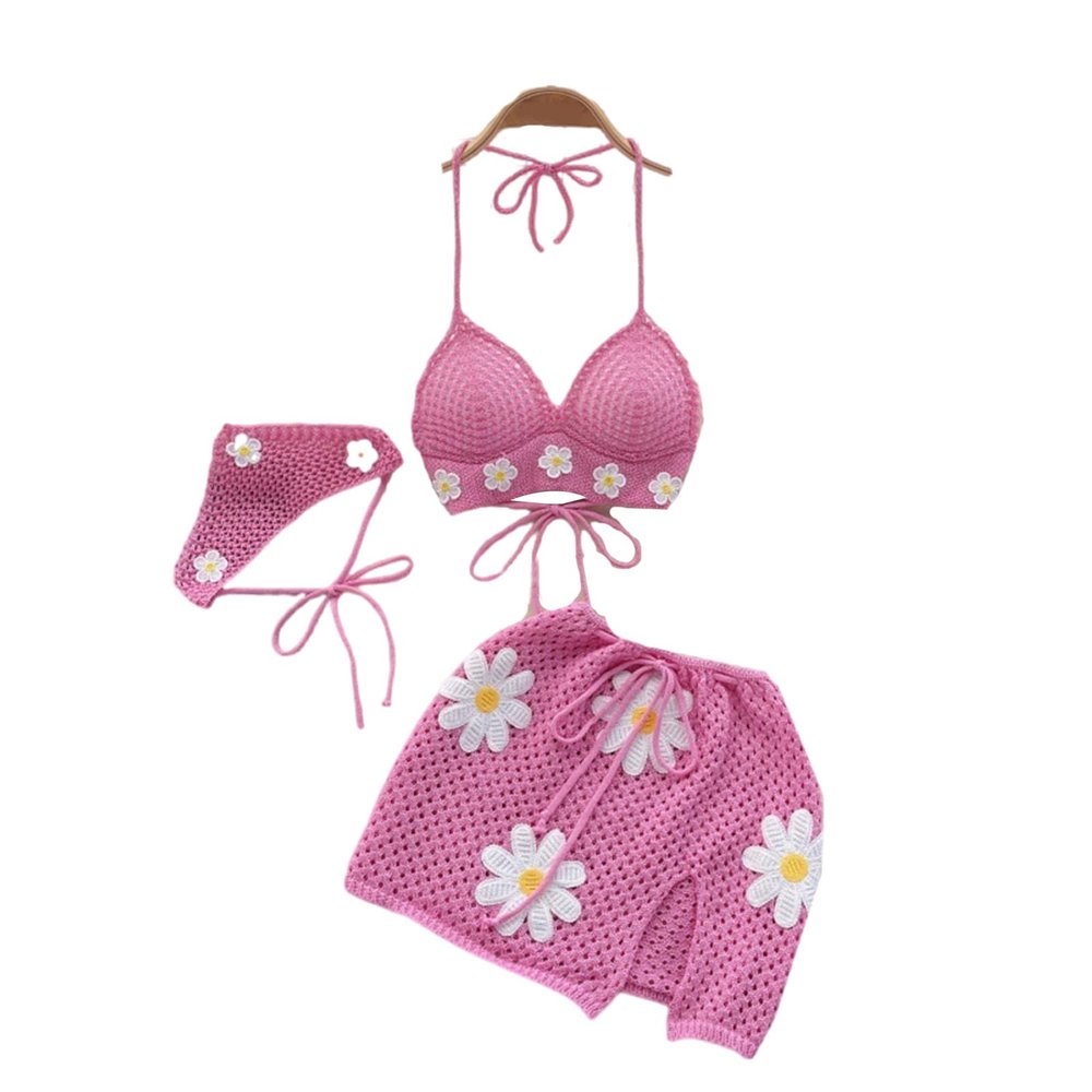 Modern Knitted Crocheted Beach Skirt Suit 2024 Spring Women Halterneck Crop Camisole Top Short Skirts Headscarf Set