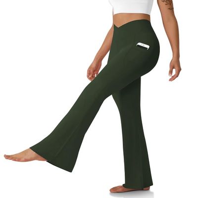 DLOODA Women's Flare Leggings with Pockets Crossover High Waisted Bootcut Yoga Pants Tummy Control Bell Bottom Leggings Army Green