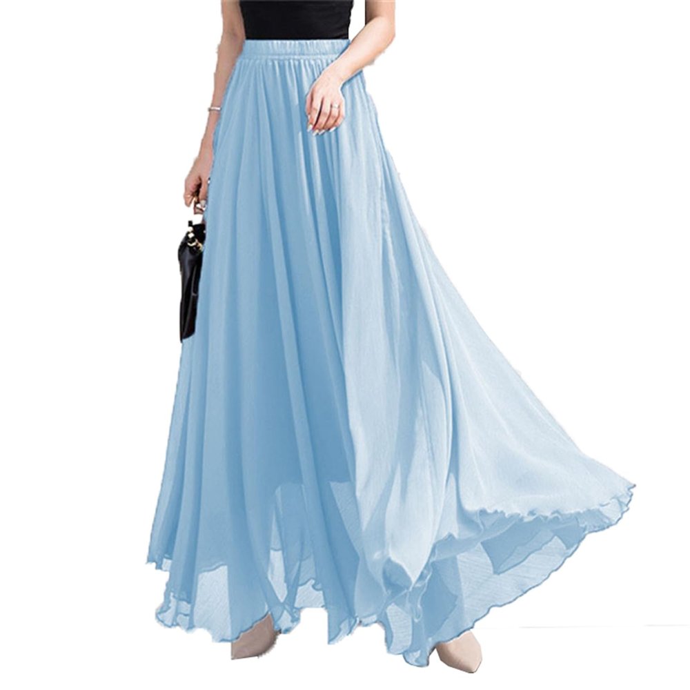 FM2018XSL Womens Elastic Waist Chiffon Maxi Skirt Flowy Full Length Beach Skirt Sky-Blue