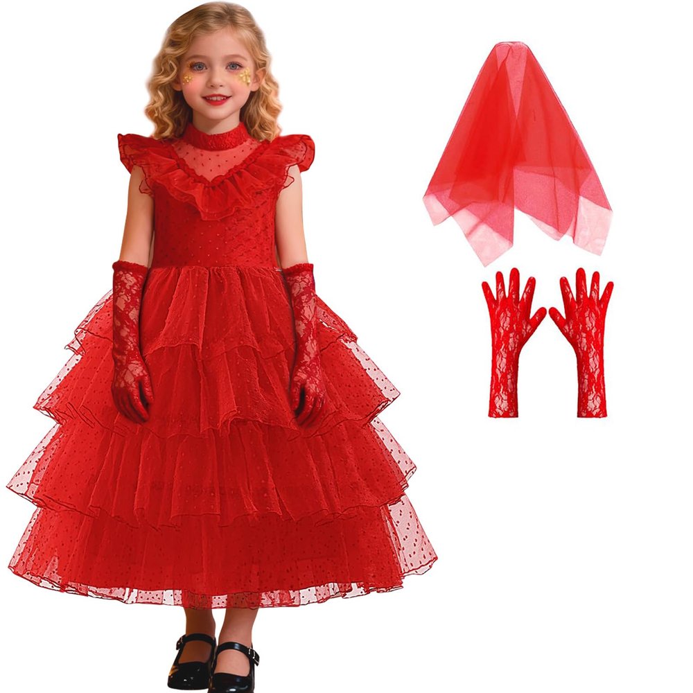 CCJRLM Girls Tulle Dress Red Lydia Deetz Easter Pageant Princess Dresses Birthday Party Dress 3-12Y